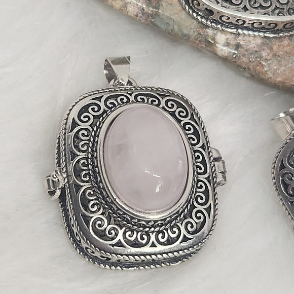 Rose Quartz Filigree Locket Jewelry | Silver Tone | Boho Vintage Style Crystal - Picture 2 of 6